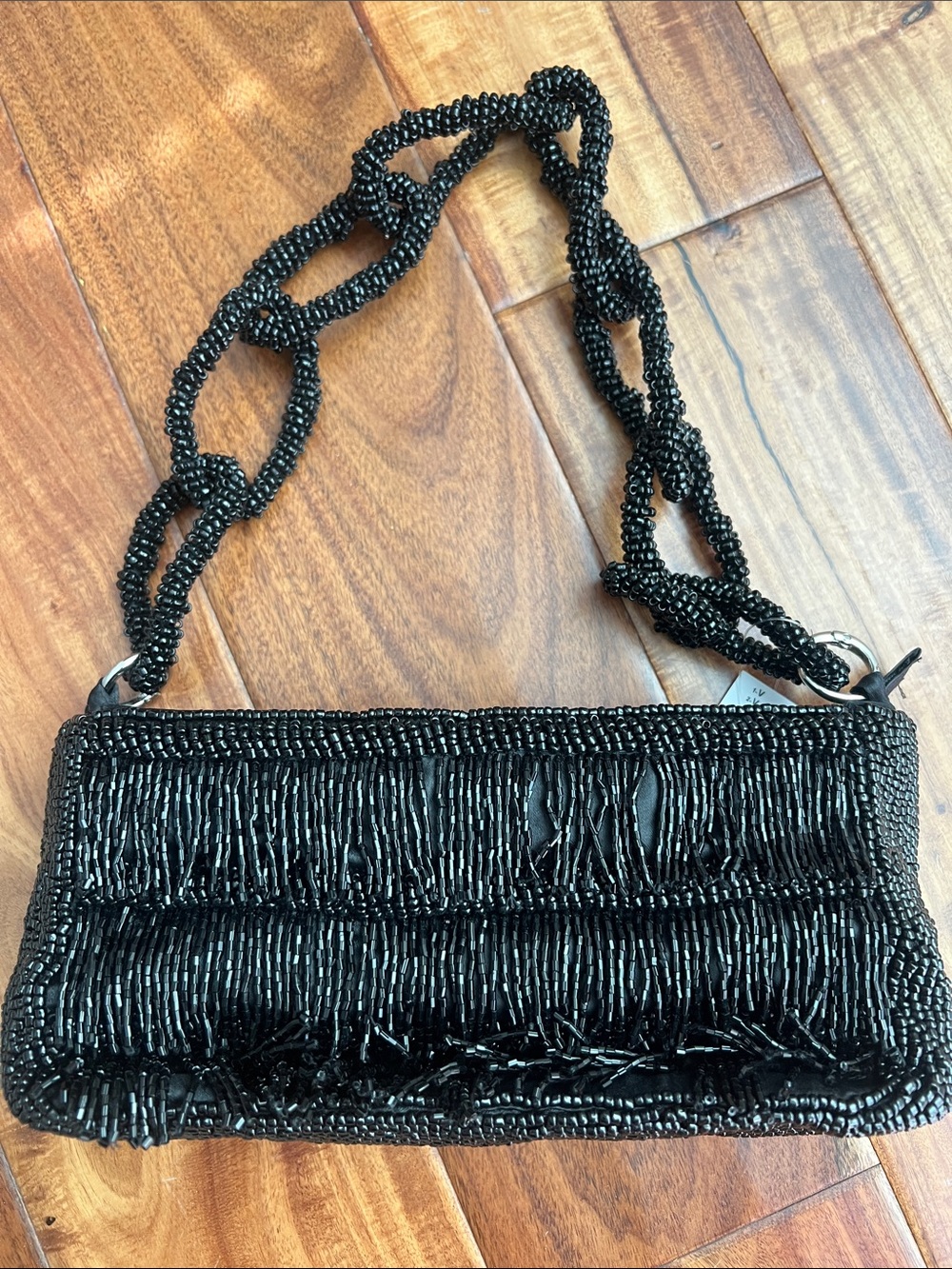 Black Hand Beaded Chain-Handle Evening Bag